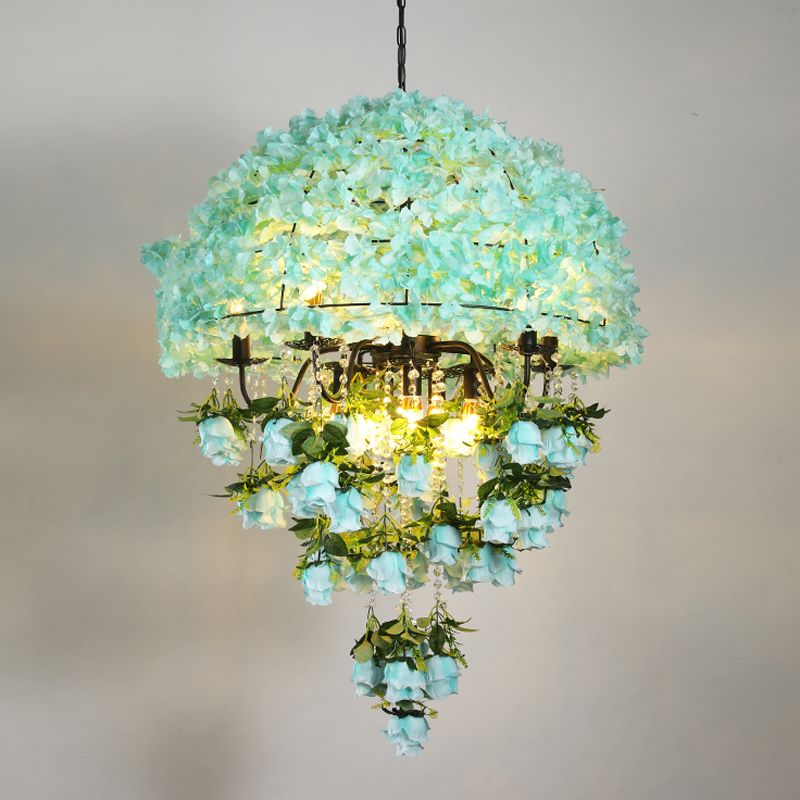 10 Bulbs Iron Ceiling Chandelier Industrial Blue Bowl Wire Cage Flower Suspension Light with Crystal Decor