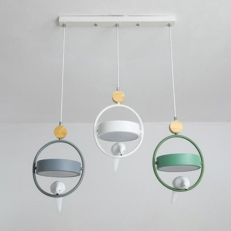 Ring Dining Room Multi Ceiling Lamp Metal 3 Bulbs Simplicity Suspension Light with Bird Decor in Gray-Green