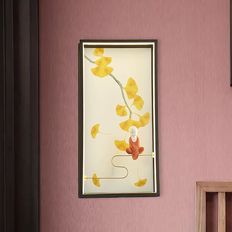 Asia Zen and Ginkgo Leaf LED Sconce Light Acrylic Bedroom LED Wall Mount Mural Lamp in Yellow