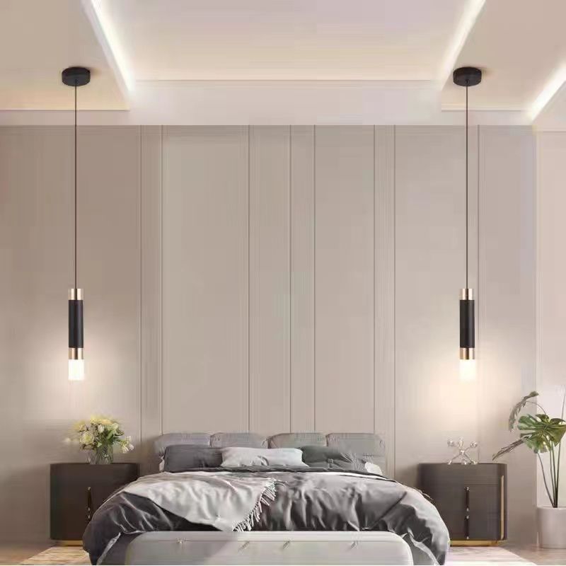 Cylinder Shape Metal Pendant Fixtures Modern Style Hanging Light Fixtures in Black