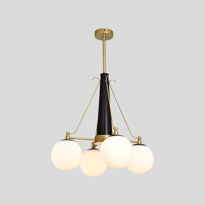 Sphere Frosted White Glass Pendant Modernism 4 Heads Brass and Black Hanging Chandelier