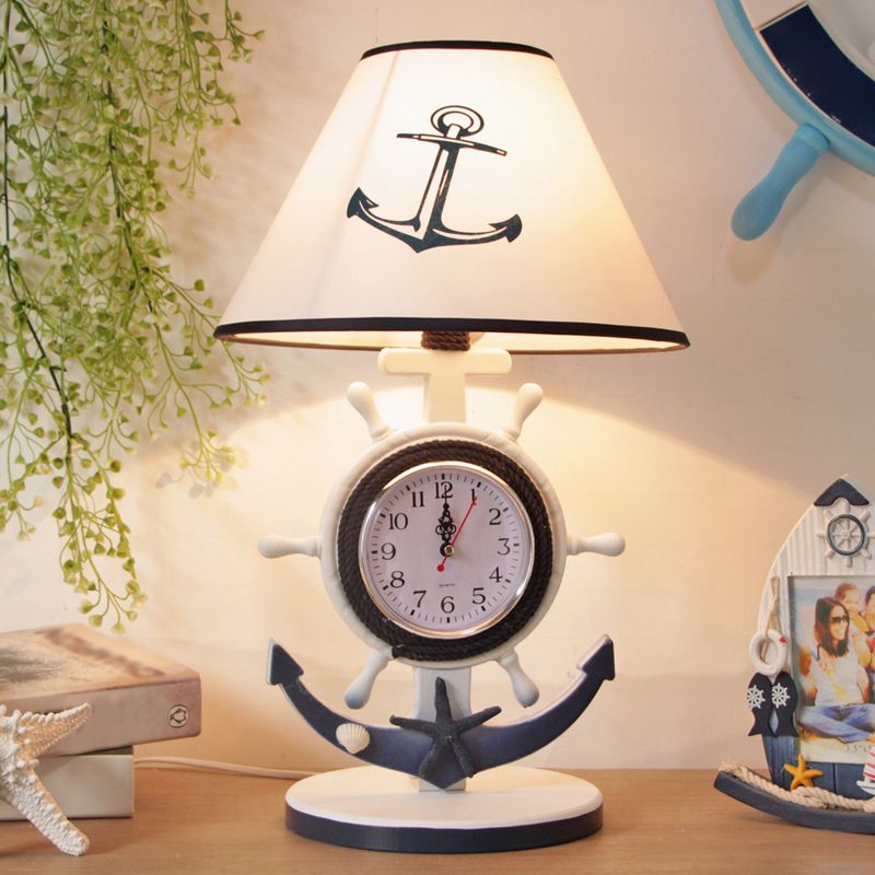 Rudder Base Table Lighting Children Style Resin Single Bulb Blue Shaded Night Stand Lamp with Clock Design