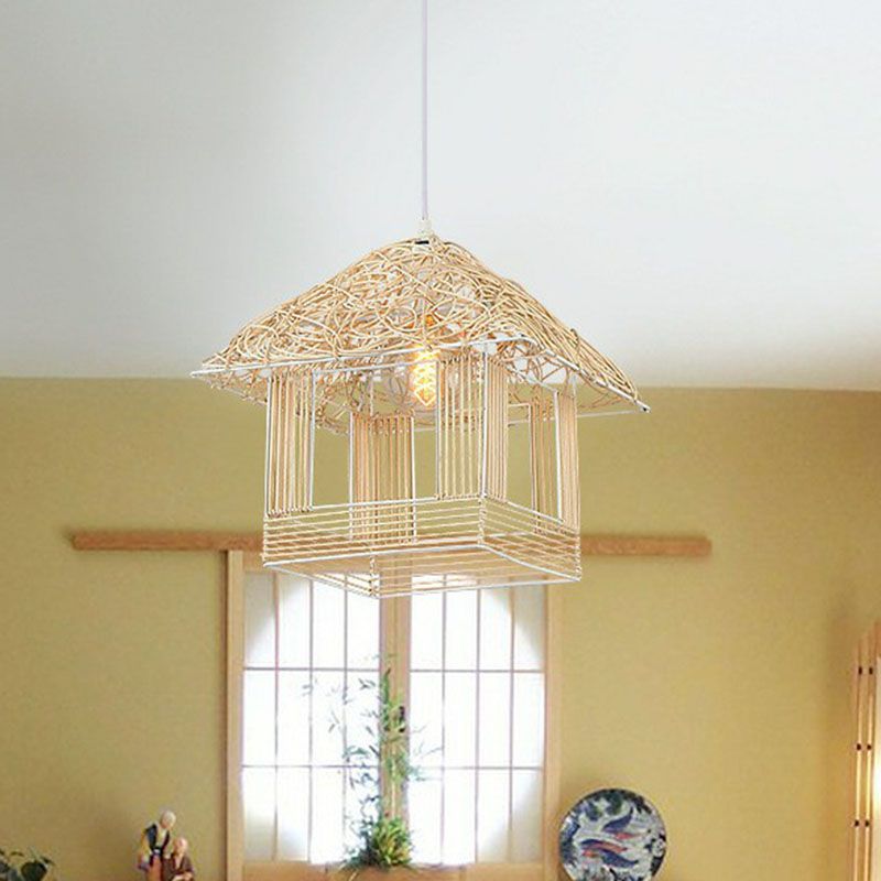 House Shaped Tea Room Pendant Light Bamboo Single-Bulb Contemporary Suspension Light Fixture