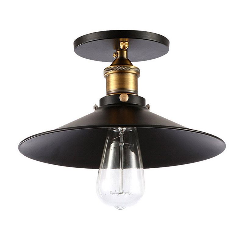 Black 1-Light Cone Shade Semi Flush Mount Lighting Vintage Style Metal Ceiling Light for Hallway