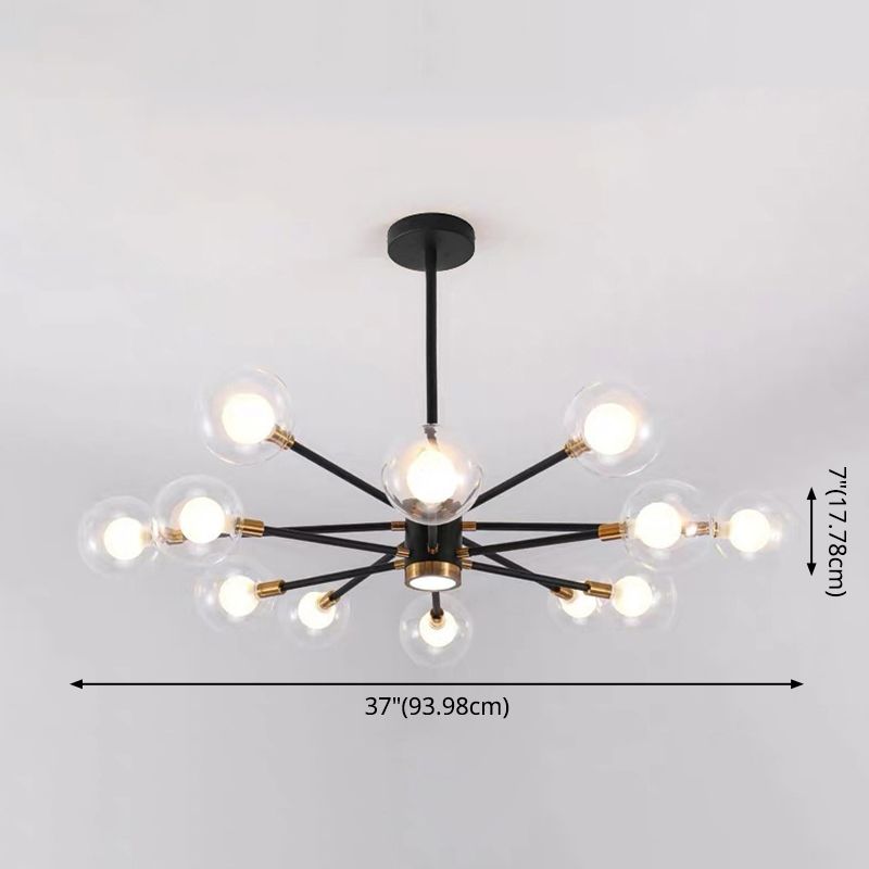 Modern Metal Radial Hanging Chandelier Light Spherical Clear Glass Shade Suspension Light  in Black