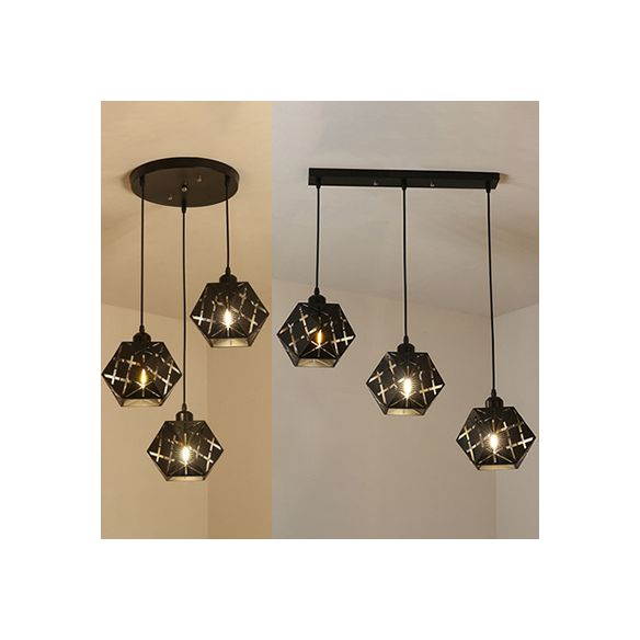 Geometric Hanging Lamp with Carved Metal Shade Industrial 3 Lights Kitchen Pendant Light