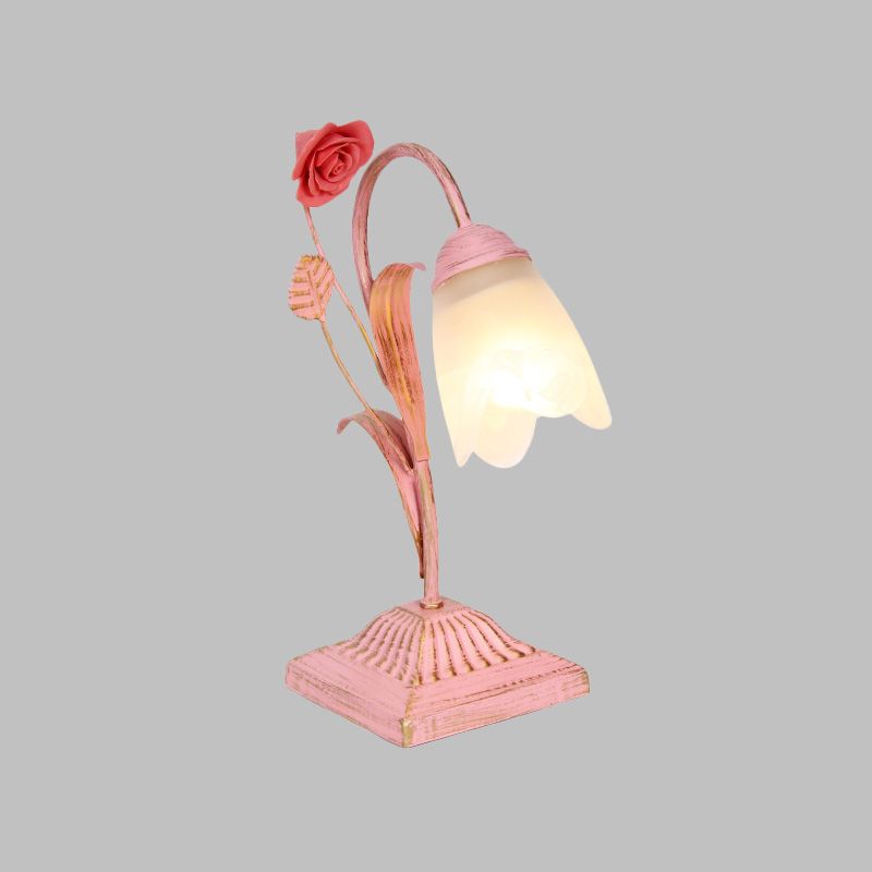 Pastoral Floral Nightstand Light 1-Bulb Metal Night Table Lighting in Blue/Pink for Study Room