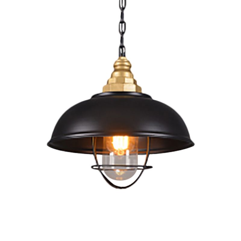 1 Light Bowl Suspension Lamp with Wire Cage Nautical Black Finish Metallic Ceiling Light for Restaurant