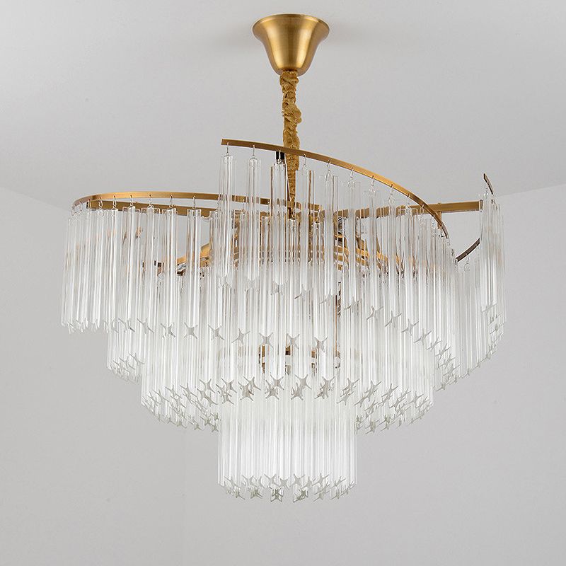 8-Bulb Living Room Chandelier Lighting Gold LED Pendant Light Fixture with Tiered Crystal Rod Shade