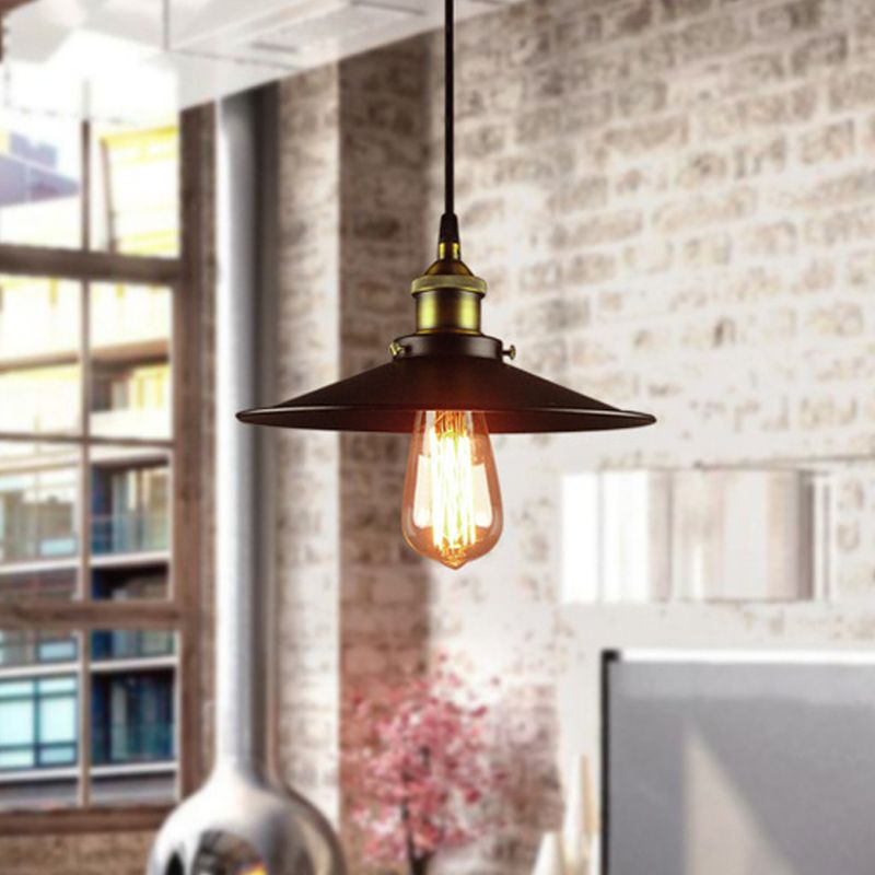 Factory Flying Saucer Ceiling Pendant 8.5"/12" Wide Single-Bulb Metal Hanging Lamp in Black