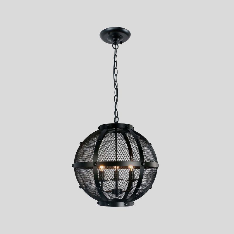 Global Metal Hanging Pendant with Wire Mesh Shade Retro Style 3 Lights Farmhouse Ceiling Fixture in Black