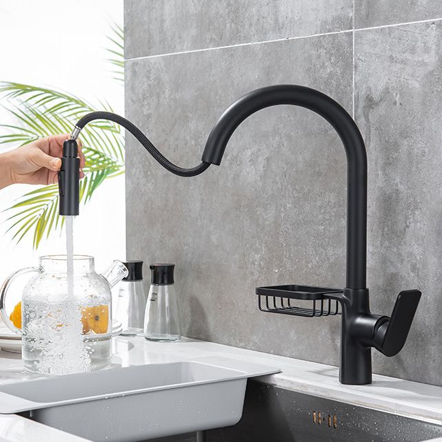 Pull Down Water Filler Single Handle Kitchen Faucet with Soap Basket