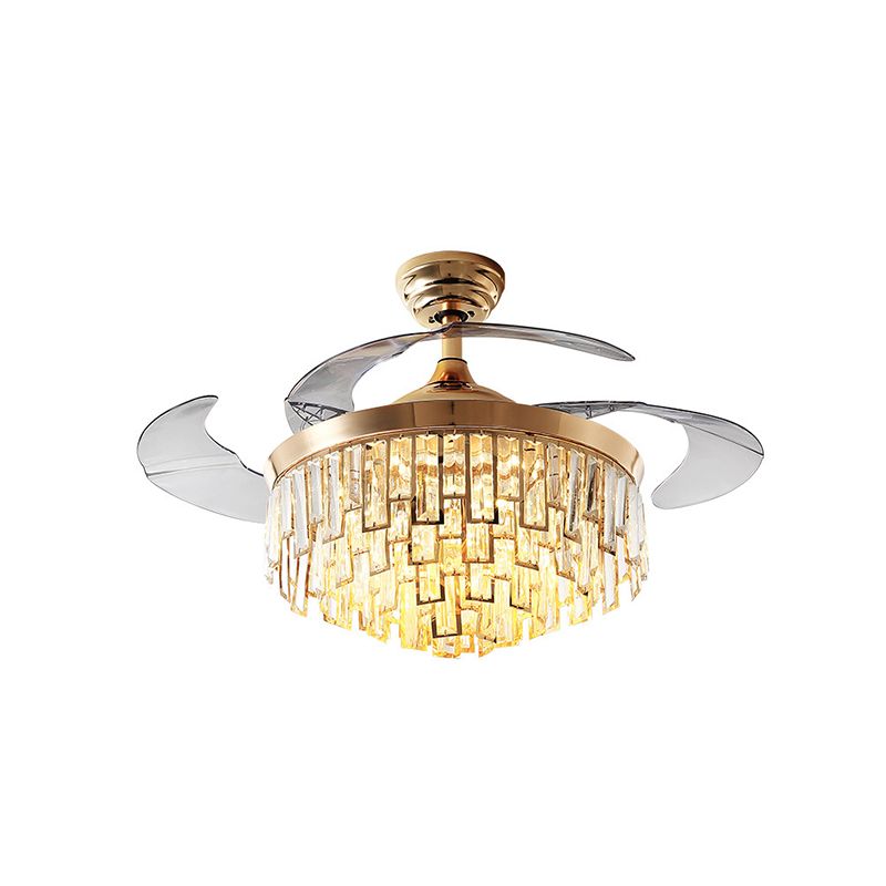 Multi-Layer Crystal Rectangle Semi Flush Postmodern 3-Blade Dining Room LED Ceiling Fan Light in Gold, 42" Width