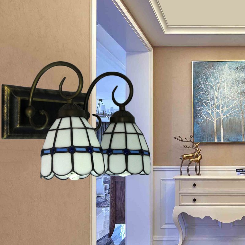 2-Bulb Handcrafted Art Glass Wall Lamp Tiffany Antiqued Bronze Bell Shaped Bathroom Vanity Light