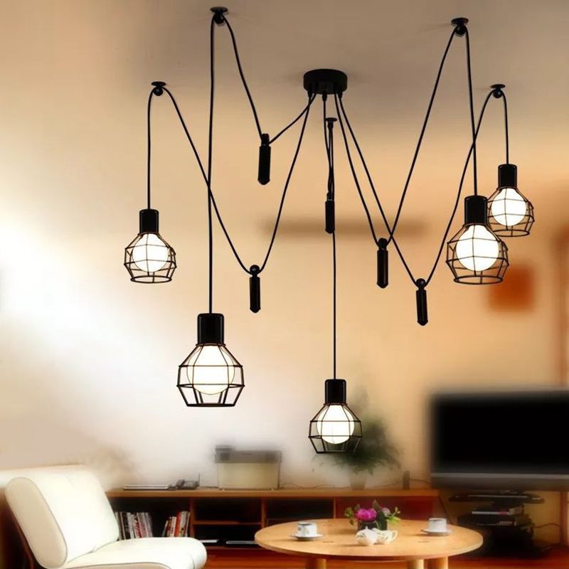 Caged Metal Pendant Lighting Industrial-Style Bedroom Hanging Pendant Light in Black