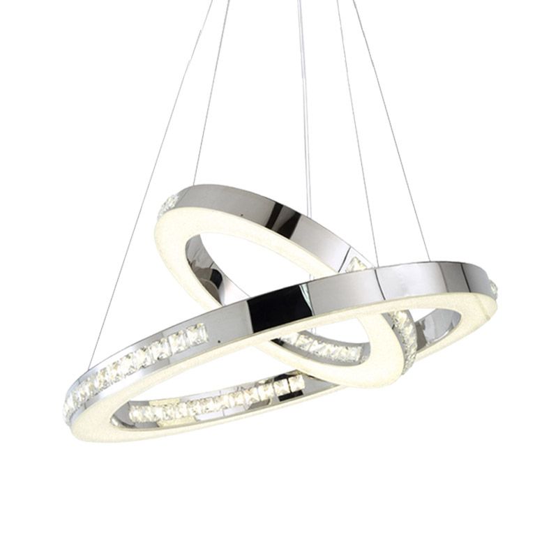 Chrome Ring Pendant Ceiling Light Simple Faceted Crystal LED Chandelier Light Fixture in Warm/White/Natural Light, 16"/19.5"/23.5" Wide