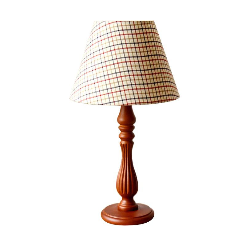 Beige/Tan/Dark Blue Barrel Shape Desk Lamp Traditional Fabric 1 Light Bedroom Reading Light with Wood Base