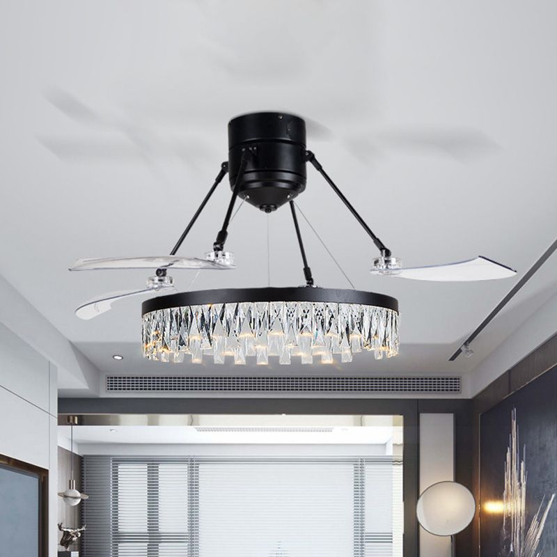 48" Wide 3-Blade LED Flush Ceiling Fan Contemporary Circle Prismatic Crystal Semi Flush Light in Black