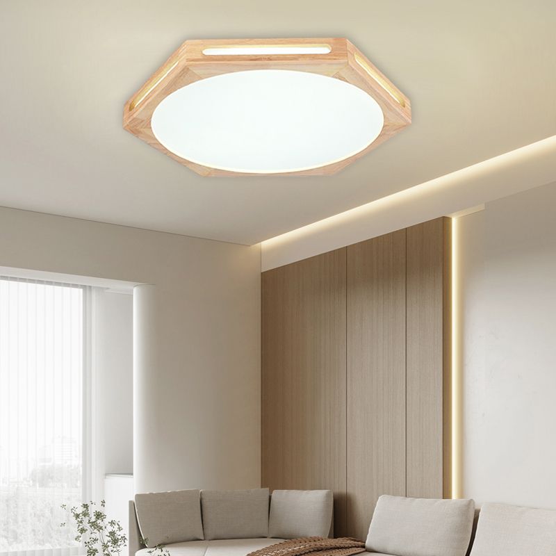 LED Modern Wood Flush Mount Hexagon Shape Ceiling Light with Acrylic Shade for Living Room