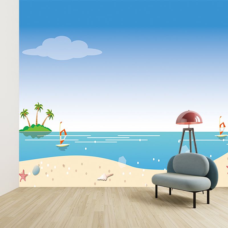 Beach Scenery Wall Mural Decal Childrens Art Smooth Wall Decor in Yellow-Blue, Non-Woven