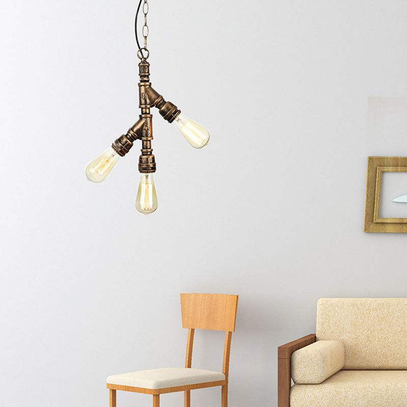 Industrial Water Pipe Chandelier Pendant 3-Light Metallic Suspension Lighting for Living Room