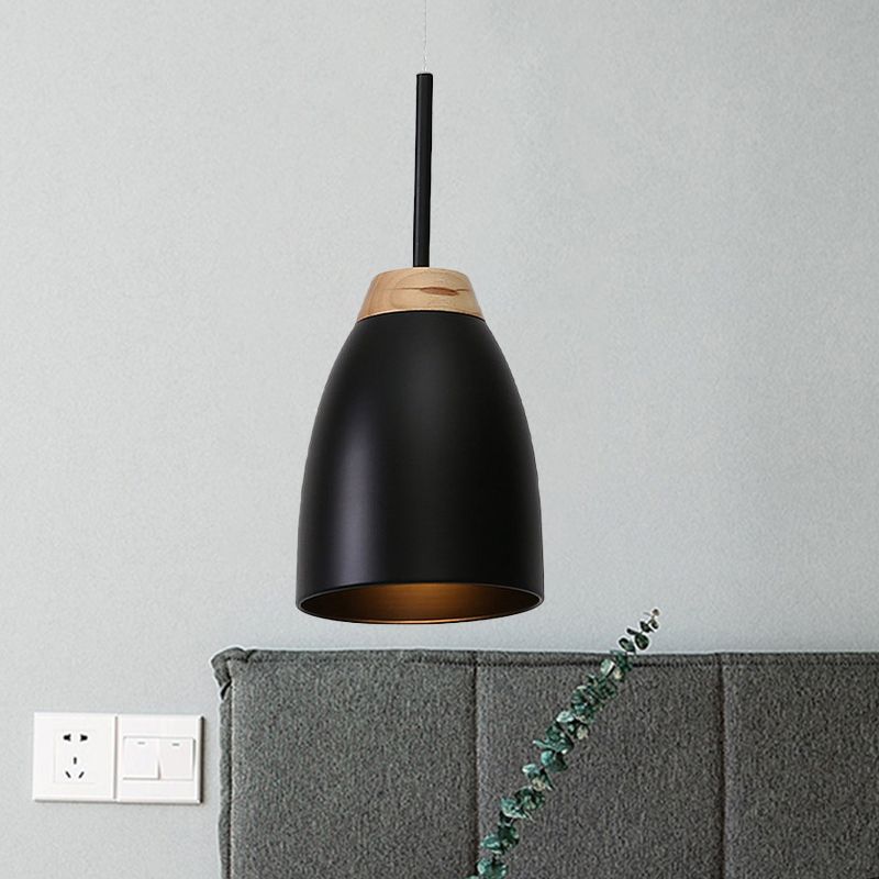 Luce a ciondolo a campana Light Minimal Metal 1 lampadina bianca/nera e legna lampada a soffitto sopra il tavolo