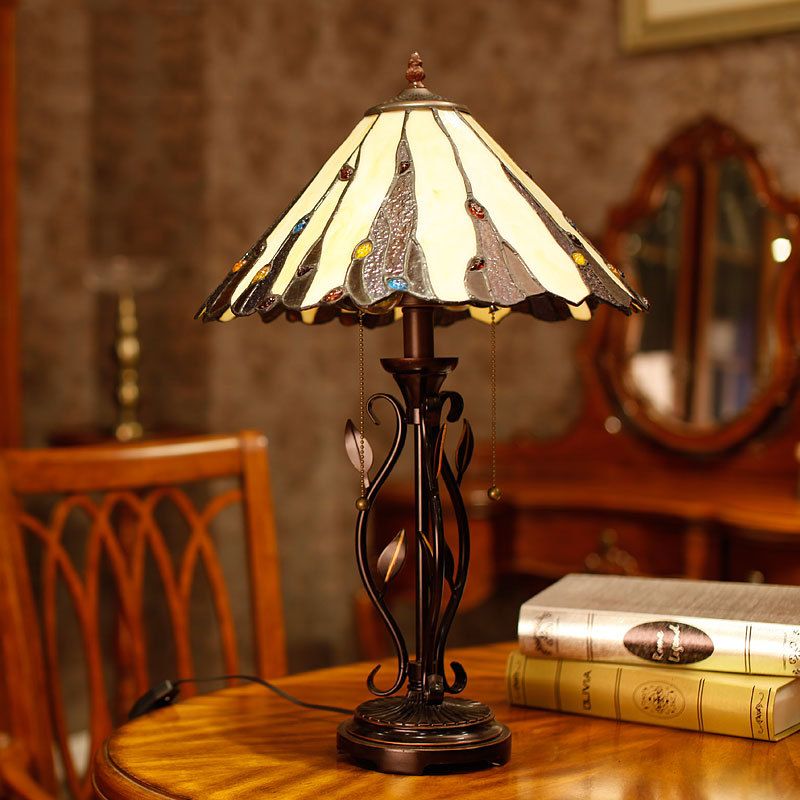 Coffee Candle Pull-Chain Table Lamp Tiffany 2-Light Metal Night Lighting with Cone Stained Glass Shade