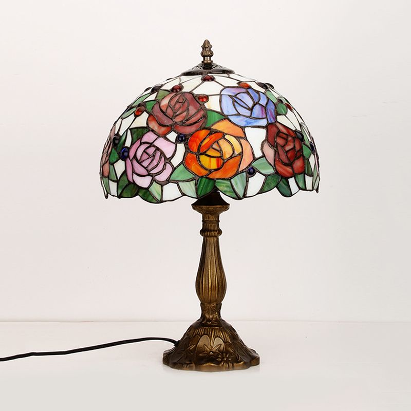 Bronze 1 Bulb Table Lighting Tiffany Rose Blossom Cut Glass Night Stand Lamp with Cabochons Gemstones