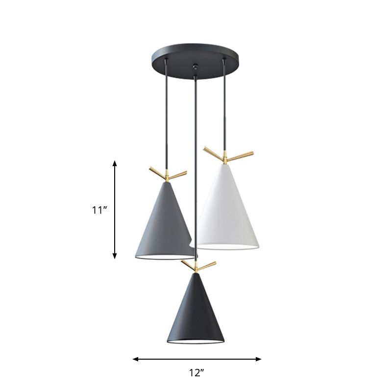 Cone Shade Cluster Pendant Nordic Metallic 3-Light Black/Black-Grey-White/White Hanging Lamp with Antler Decor and Round/Linear Canopy