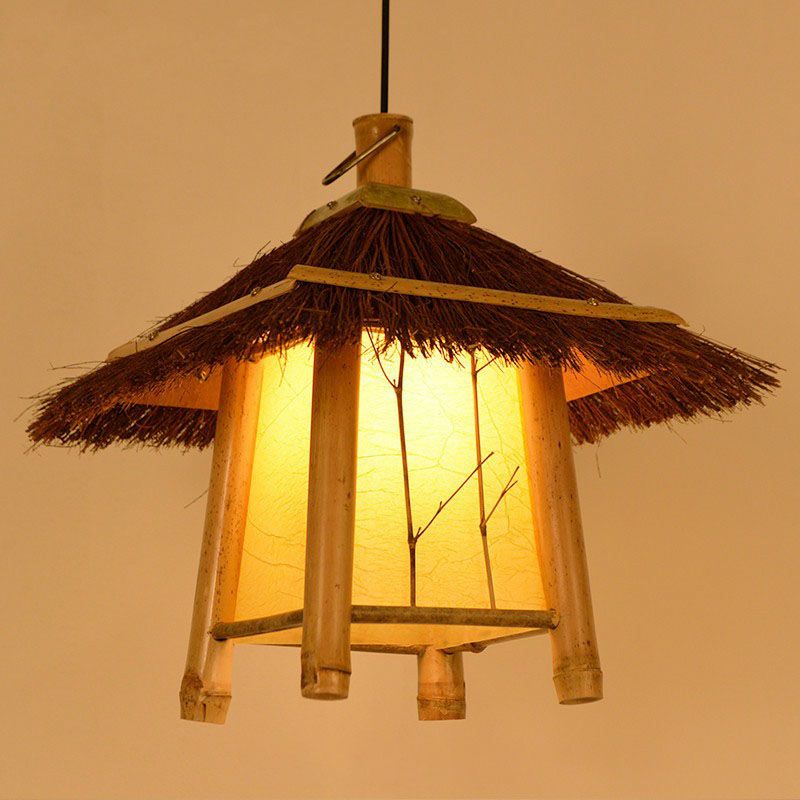 Cottage Woven Shade Drops Cioncant Wood 1 Bulb Restaurant Hanging Light Kit in beige