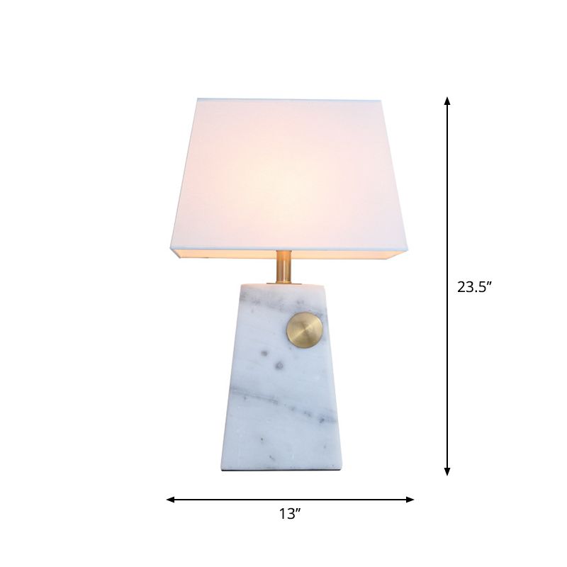 White Trapezoid Night Table Lighting Modern 1 Light Marble Desk Lamp with Fabric Shade for Bedside