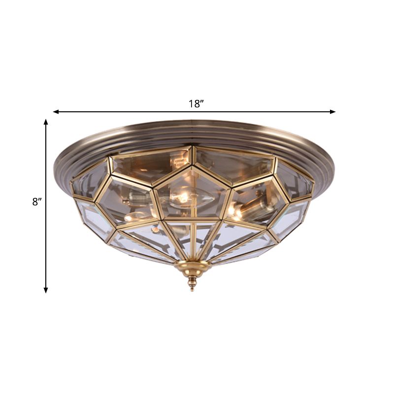 14"/18" W Prism Bedroom Flush Mount Light Colonial Clear Beveled Glass 2/3 Bulbs Brass Close to Ceiling Lamp