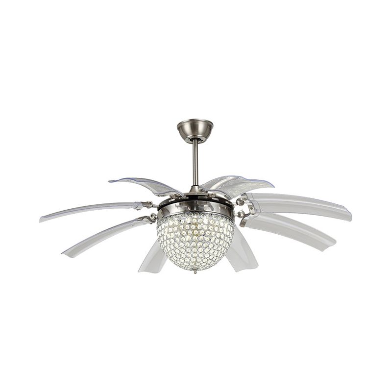 Dome Living Room Fan Lighting Fixture Modern Crystal 48" W LED Silver Semi Flush Mounted Lamp with 8 Clear Blades