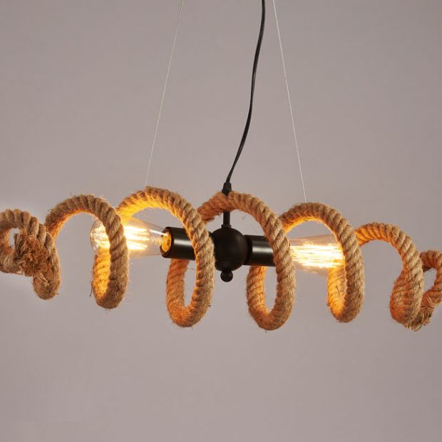 Spring-shaped Hemp Rope Creative Chandelier Industrial Style 2-Lights Suspension Lighting Fixture for Restaurant