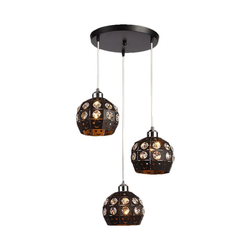 Dome Dining Room Suspension Crystal Light Embedded 3 Heads Moderniste Multi Pendante Lampe Fixture en noir