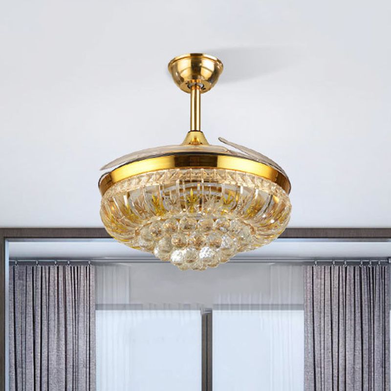 19 "brede LED Semi Flush Light Modern Circular Clear Crystal Blocks Hanger Fan Lamp in Gold