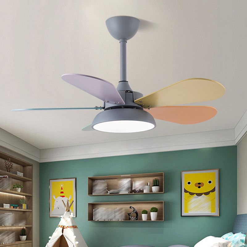 Colorful Round Hanging Fan Light Macaron Style Metal Bedroom LED Semi Flush Mount Lampe