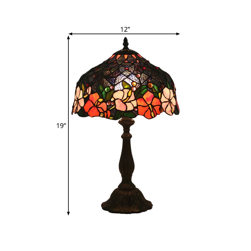 1 Light Bedroom Task Lamp Victorian Brass Floral Patterned Night Light with Bowl Cut Glass Shade