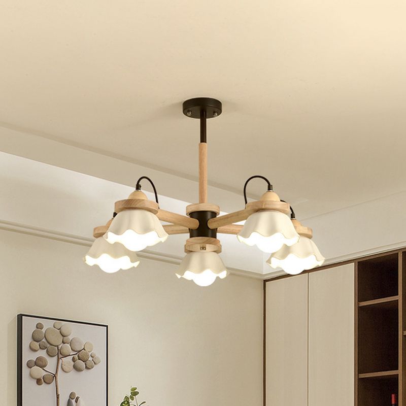 White Scalloped Shade Chandelier Multi-Light Nordic Wooden Drop Ceiling Light for Living Room