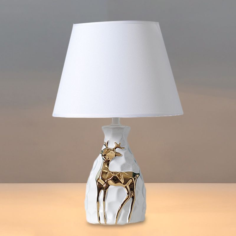 1-Bulb Tapered Desk Light Countryside White Fabric Night Table Lamp with Deer Vase Base, 11"/14"/15" Wide