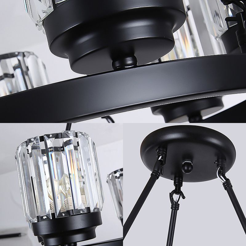 3/6/8 Lights Bedroom Chandelier Lighting Contemporary Black Hanging Light Kit with Cylindrical Crystal Shade