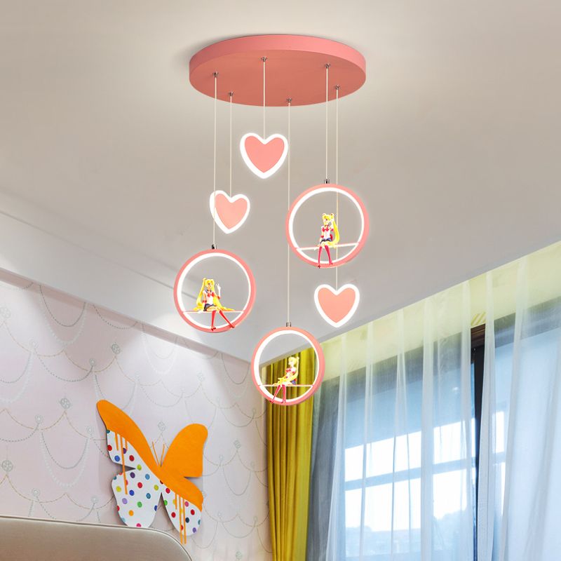 Kids 3 Lights Hanging Lamp with Acrylic Shade Pink/Blue Loving Heart and Ring Chandelier Lighting
