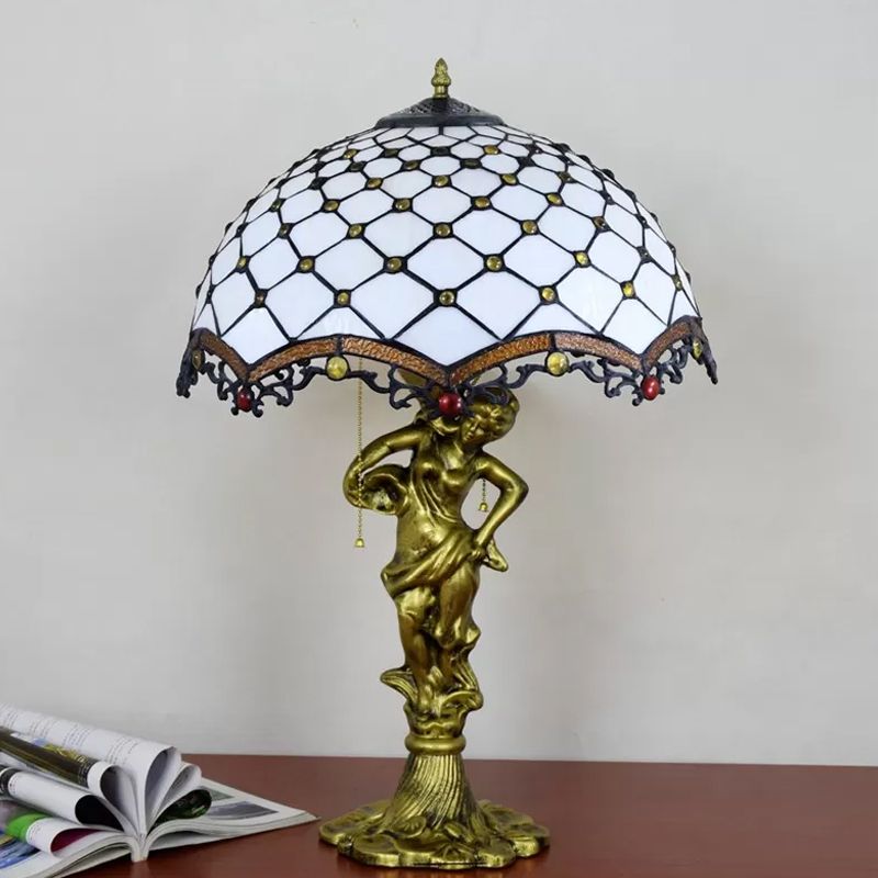 Scalloped-Trim Netting/Parrot Table Lamp Baroque Blue/White-Brown Glass 3 Lights Bronze Pull-Chain Night Light with Woman Sculpture