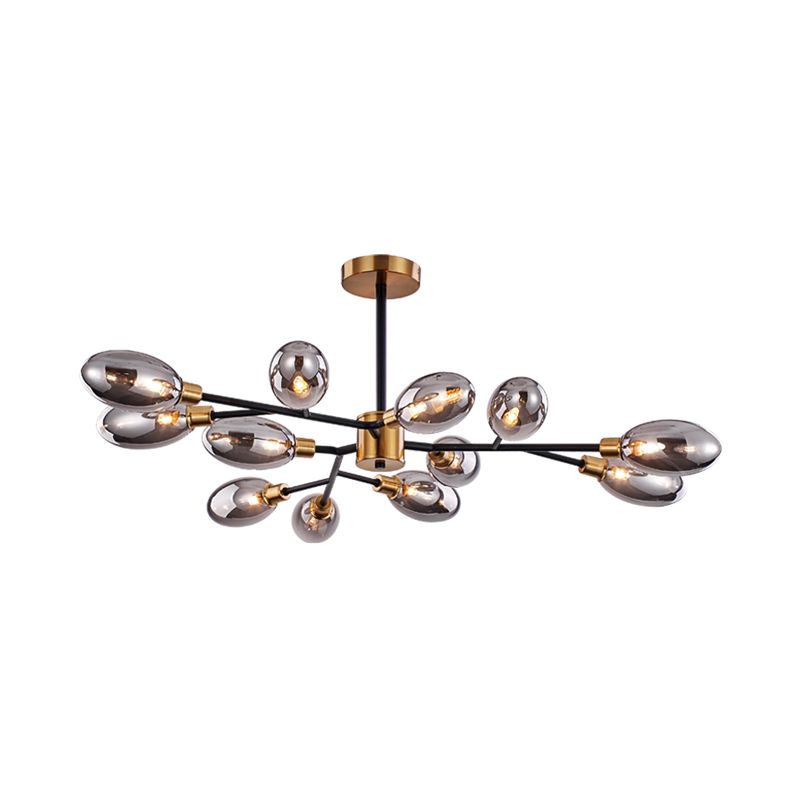 12-Bulb Parlor Close to Ceiling Light Vintage Brass Semi Mount Lighting with Ellipse Smoke Grey Glass Shade