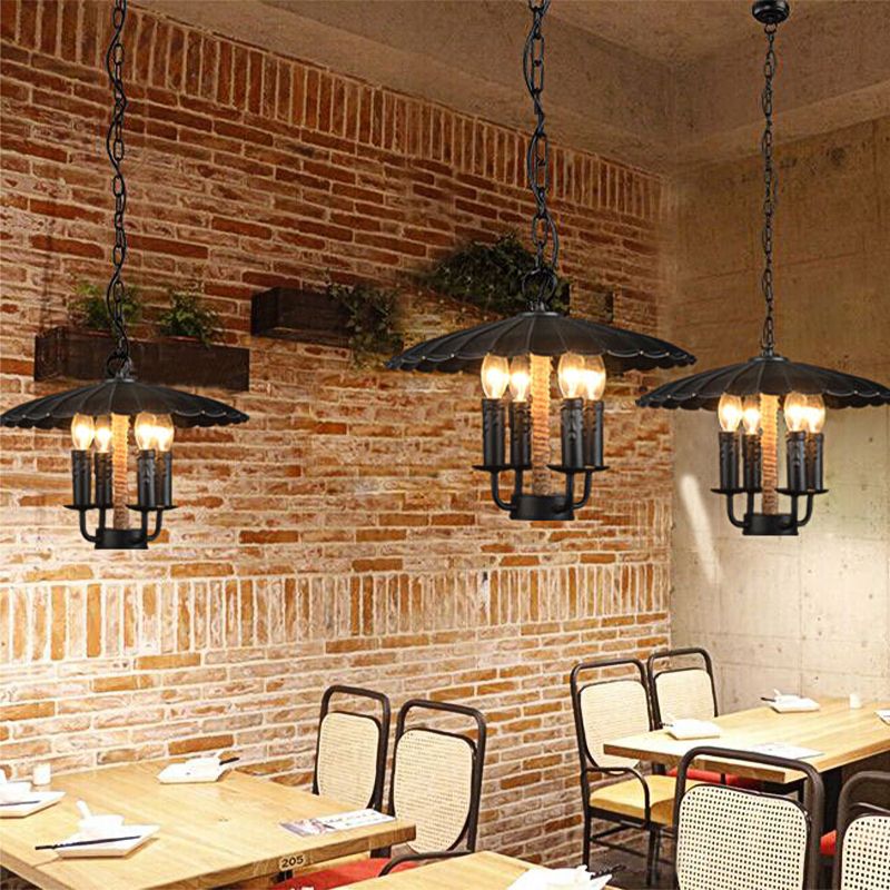 Wavy Pendant Light Retro Style Metal 4 Bulbs Candle Hanging Light in Black for Dining Room
