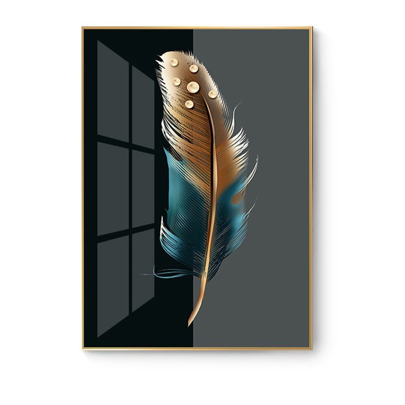 Digital Art Feather Printed Canvas for Living Room, Dark Color, Textured Surface