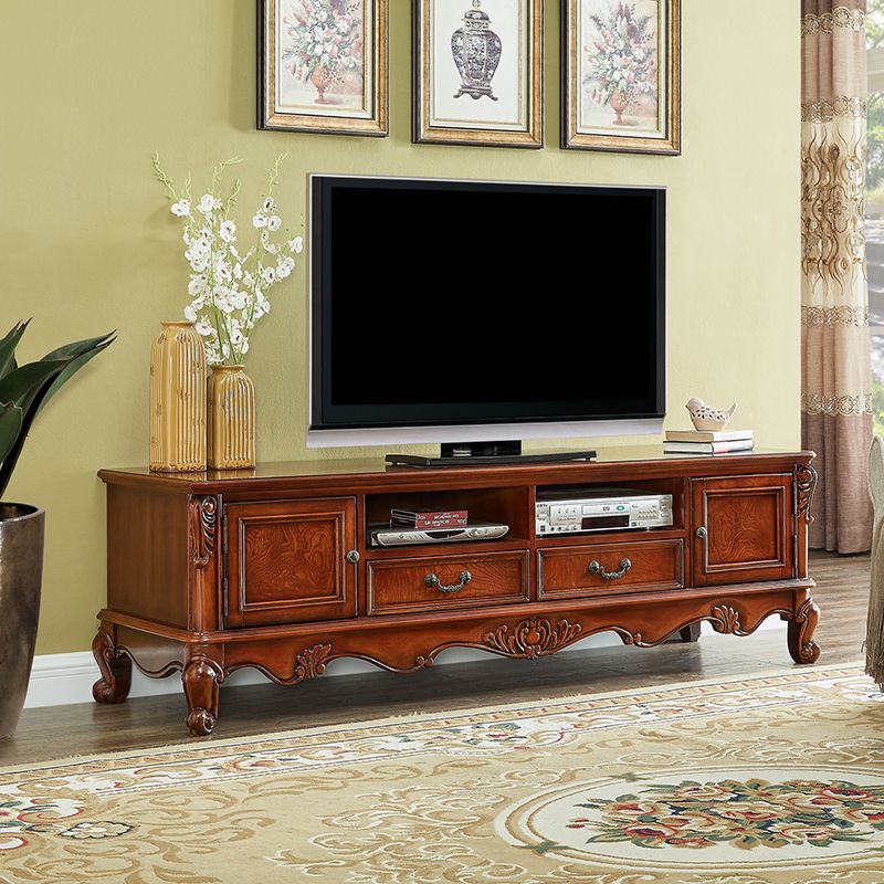 Brown Wooden TV Cabinet Traditional Style Home Living Room TV Stand Console with Drawers