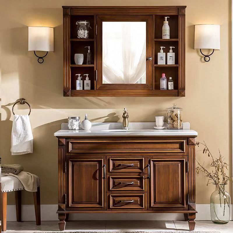 2 Doors Vanity Wood Frame Mirror Freestanding Oval Single Sink Drawers Bath Vanity