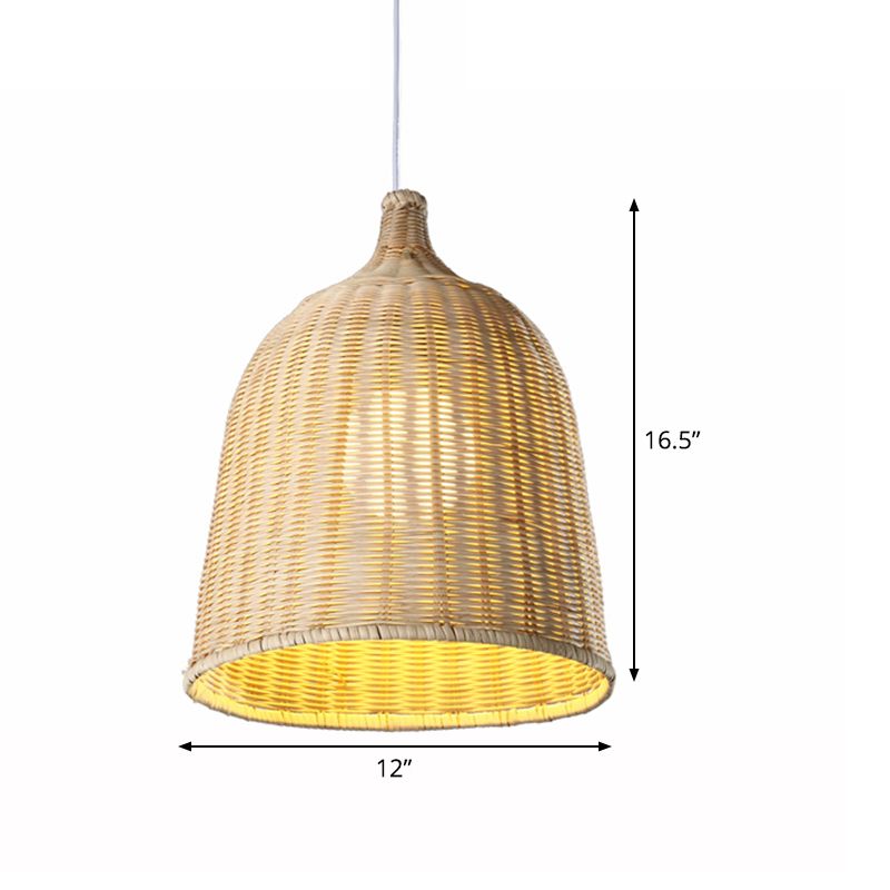 Hand Twisted Bell Drop Pendant Modern Bamboo Single Dining Table Hanging Light in Beige, 12/14 Inch Wide