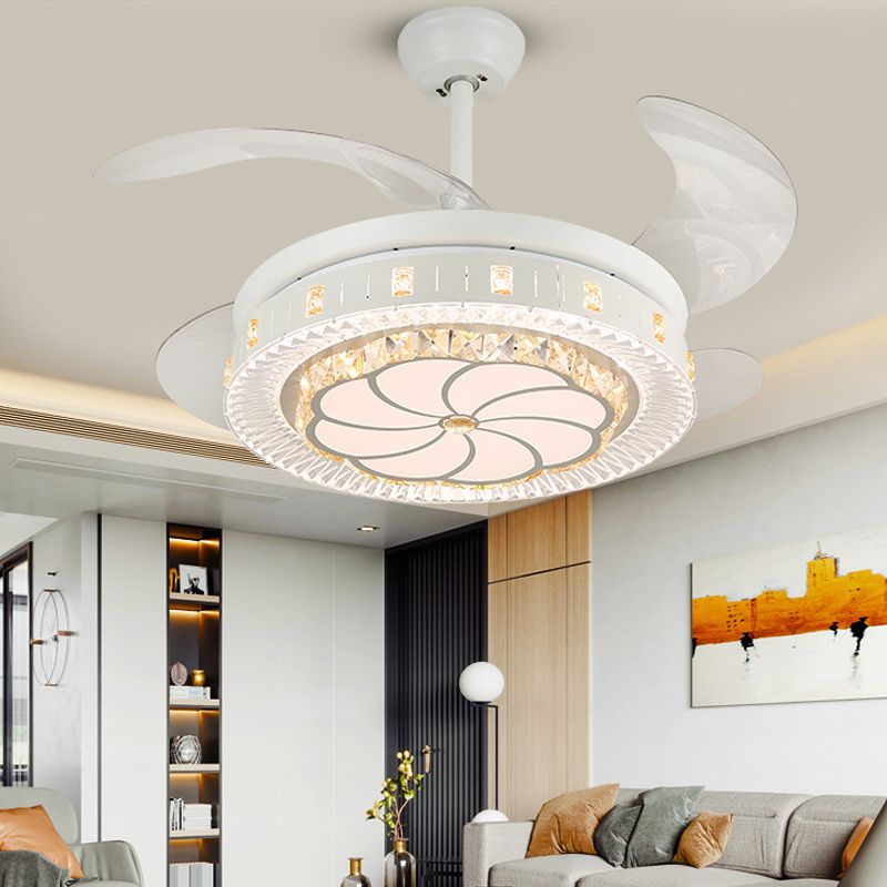 19" Wide White Layered Ceiling Fan Light Modernist LED Crystal Semi Flush Mount, 4 Blades